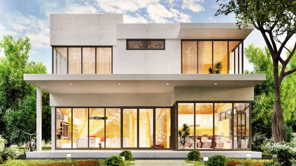 Una representación 3D de una casa moderna con servicios.